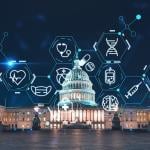 Front view of the Capitol Building in Washington, DC illustrated with digital healthcare network system graphics.