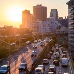 A view of rush hour afternoon traffic on the Brooklyn Queens Expressway in New York City.