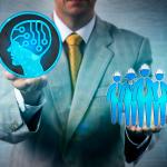 Businessman illustrated with graphics representing AI and human workforce, balancing it with both hands as a concept of AI adoption in the workplace.