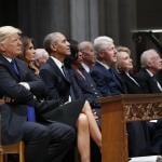 From left, President Donald Trump, first lady Melania Trump, former President Barack Obama, former first lady Michelle Obama, former President Bill Clinton, former Secretary of State Hillary Clinton, and former President Jimmy Carter and former first lady Rosalynn Carter, listen as former President George W. Bush speaks during the state funeral for former U.S. President George H. W. Bush at the Washington National Cathedral on December 5, 2018 in Washington, D.C.
