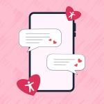 Smartphone illustration with chat bubbles and heart icons on a pink textured background, symbolizing communication and affection.