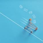 A shopping cart going down a line as a concept of fast shopping checkout.