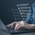 Person typing on a laptop illustrated with a list of contacts software graphics.