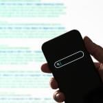 Search engine display on phone, against a background of paragraphs of information.