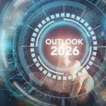 Technological graphics with the words 'outlook 2026' in the middle as a concept of a forecast.