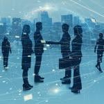 Digital illustration showing silhouettes of businesspeople meeting together and designed with network graphics.