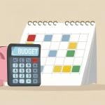 Concept of healthy money habits illustrated by monthly budget reviews with calendar, tagging expenses with color-coded categories, piggy bank and calculator with the word "budget" on the screen symbolizing keeping track of money. 