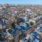 Aerial view of a residential area near Cambridgeport in Cambridge, Massachusetts.
