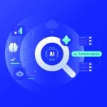 A vector illustration of a magnifying glass illustrated with network and AI search engine concept graphics.