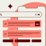 An isolated vector illustration on white background with icons showing search experience and AI overviews technology.