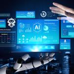 A robotic hand and human hand engage with AI unifying analytics and dashboard graphics.