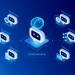 A vector of AI agents' orchestration workflow diagram that shows a six multi-agent system.