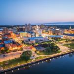 A skyline photo of Peoria, Illinois, USA at dusk.