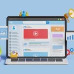 A vector illustration showing social media and marketing icons in a laptop.