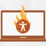 A custom illustration of a laptop featuring a basketball graphic as a concept of March Madness accessibility in the web.