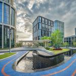 View of buildings of an urban business district with modern, sustainable architecture.