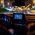 An interior view of a person driving a modern car.