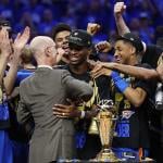 The Oklahoma City Thunder celebrating after defeating the Indiana Pacers in Game 7 of the 2025 NBA Finals at Paycom Center in Oklahoma City, Oklahoma.