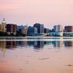 A view of Madison's downtown skyline across Lake Monona in Wisconsin.