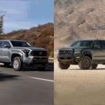 Composite image of grey 2026 Toyota Tacoma on road on the left with a dark green 2026 Nissan Frontier park on dirt on the right.