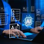 Businessman using a laptop illustrated with AI-powered software graphics.