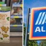 Left: Someone holding a box of Spinach Bites, Right: An Aldi sign