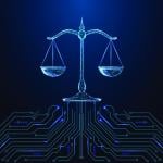 A glowing polygonal balance scale on a futuristic dark blue background as a concept of AI and legal technology.