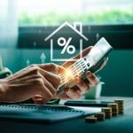 Person using a calculator illustrated with increasing mortgage rate concep graphics.