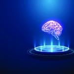 A 3D graphic image of a human brain with neon light beams in a podium.