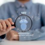 Person holding a magnifying glass illustrated with GEO concept graphics.