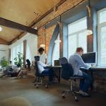 Employees in an interactive co-working space.