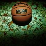 An NCAA Final Four Edition basketball surrounded by banknotes.