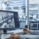 A factory engineer works with an advanced 3D CAD software to model robotic assembly line.