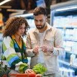 A young couple looking at their list while grocery shopping.