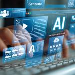 An analyst using an AI assistant brain processor with LLM technology icons. 