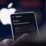 The Gemini app on a phone, with a blurred logo of Apple in the background.