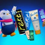 Custom illustration of nationwide brands that started as crypto experiments such as Pudgy Penguins (plush toys), Rekt (canned energy drink), and Vacation (sunscreen brand).