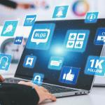 Blogging and engagement graphics illustrated over a laptop.