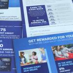 Cash back rewards and offers printed on pamphlets of a bank.