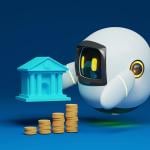 A 3D illustration of a robot holding a bank with coins in a blue background.