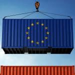 An azure blue freight container showing the European Union flag's 12 gold stars.