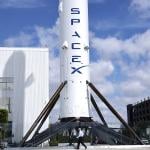 A SpaceX Falcon 9 rocket is displayed at a SpaceX facility on April 2, 2026 in Hawthorne, California. 