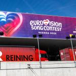 Trucks are parked outside Stadthalle for the Eurovision Song Contest in Vienna, Austria.