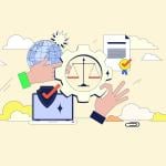 AI governance illustrated by hands interacting with a globe, laptop, and justice scale, symbolizing regulation and oversight