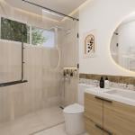 A modern bathroom with beige marble and wooden interior.