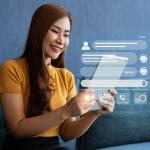 A young woman interacting with customer service illustrated with agentic AI software graphics.
