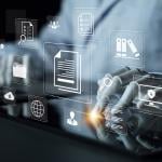 AI-powered platform and document management icons floating in the background.