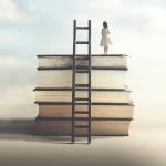 A girl on top of a pile of books with ladder as a concept of achieving education and wisdom.