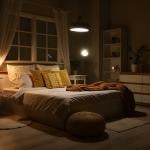 Interior of a modern bedroom with ambient lamps and lighting.