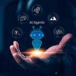 A businessman signaling to hold a virtual AI agent holographic interface.